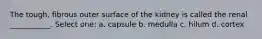 The tough, fibrous outer surface of the kidney is called the renal ___________. Select one: a. capsule b. medulla c. hilum d. cortex