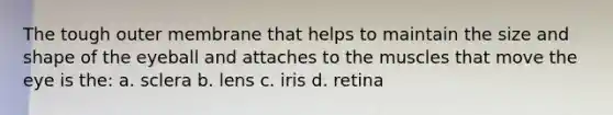 The tough outer membrane that helps to maintain the size and shape of the eyeball and attaches to the muscles that move the eye is the: a. sclera b. lens c. iris d. retina