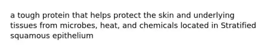 a tough protein that helps protect the skin and underlying tissues from microbes, heat, and chemicals located in Stratified squamous epithelium