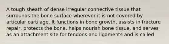 A tough sheath of dense irregular connective tissue that surrounds the bone surface wherever it is not covered by articular cartilage. It functions in bone growth, assists in fracture repair, protects the bone, helps nourish bone tissue, and serves as an attachment site for tendons and ligaments and is called