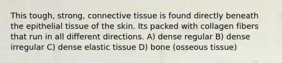 This tough, strong, connective tissue is found directly beneath the epithelial tissue of the skin. Its packed with collagen fibers that run in all different directions. A) dense regular B) dense irregular C) dense elastic tissue D) bone (osseous tissue)