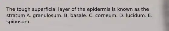 The tough superficial layer of the epidermis is known as the stratum A. granulosum. B. basale. C. corneum. D. lucidum. E. spinosum.