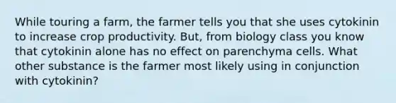 While touring a farm, the farmer tells you that she uses cytokinin to increase crop productivity. But, from biology class you know that cytokinin alone has no effect on parenchyma cells. What other substance is the farmer most likely using in conjunction with cytokinin?