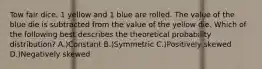 Tow fair dice, 1 yellow and 1 blue are rolled. The value of the blue die is subtracted from the value of the yellow die. Which of the following best describes the theoretical probability distribution? A.)Constant B.)Symmetric C.)Positively skewed D.)Negatively skewed