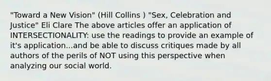 "Toward a New Vision" (Hill Collins ) "Sex, Celebration and Justice" Eli Clare The above articles offer an application of INTERSECTIONALITY: use the readings to provide an example of it's application...and be able to discuss critiques made by all authors of the perils of NOT using this perspective when analyzing our social world.