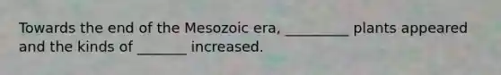 Towards the end of the Mesozoic era, _________ plants appeared and the kinds of _______ increased.