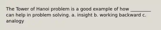 The Tower of Hanoi problem is a good example of how _________ can help in problem solving. a. insight b. working backward c. analogy