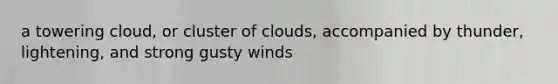 a towering cloud, or cluster of clouds, accompanied by thunder, lightening, and strong gusty winds