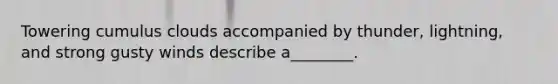 Towering cumulus clouds accompanied by thunder, lightning, and strong gusty winds describe a________.