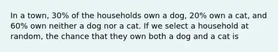 In a town, 30% of the households own a dog, 20% own a cat, and 60% own neither a dog nor a cat. If we select a household at random, the chance that they own both a dog and a cat is