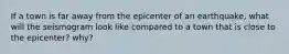 If a town is far away from the epicenter of an earthquake, what will the seismogram look like compared to a town that is close to the epicenter? why?