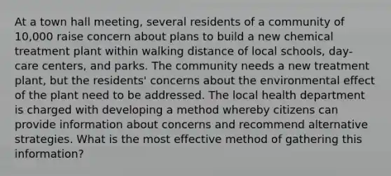 At a town hall meeting, several residents of a community of 10,000 raise concern about plans to build a new chemical treatment plant within walking distance of local schools, day-care centers, and parks. The community needs a new treatment plant, but the residents' concerns about the environmental effect of the plant need to be addressed. The local health department is charged with developing a method whereby citizens can provide information about concerns and recommend alternative strategies. What is the most effective method of gathering this information?