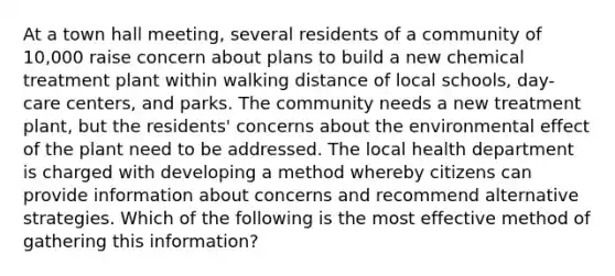 At a town hall meeting, several residents of a community of 10,000 raise concern about plans to build a new chemical treatment plant within walking distance of local schools, day-care centers, and parks. The community needs a new treatment plant, but the residents' concerns about the environmental effect of the plant need to be addressed. The local health department is charged with developing a method whereby citizens can provide information about concerns and recommend alternative strategies. Which of the following is the most effective method of gathering this information?