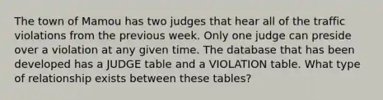 The town of Mamou has two judges that hear all of the traffic violations from the previous week. Only one judge can preside over a violation at any given time. The database that has been developed has a JUDGE table and a VIOLATION table. What type of relationship exists between these tables?