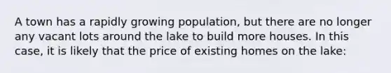 A town has a rapidly growing population, but there are no longer any vacant lots around the lake to build more houses. In this case, it is likely that the price of existing homes on the lake: