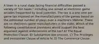 A town in a rural state facing financial difficulties passed a variety of "sin taxes," including one aimed at electronic game arcades frequented by local juveniles. The tax is a one cent per game tax imposed on the manufacturers of the games based on the estimated number of plays over a machine's lifetime. There are no electronic game manufacturers in the state. Which of the following constitutional provisions would support the best argument against enforcement of the tax? A) The Equal Protection Clause. B) Substantive due process. C) The Privileges and Immunities Clause of Article IV. D) The Commerce Clause.