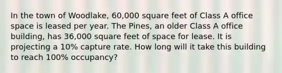 In the town of Woodlake, 60,000 square feet of Class A office space is leased per year. The Pines, an older Class A office building, has 36,000 square feet of space for lease. It is projecting a 10% capture rate. How long will it take this building to reach 100% occupancy?