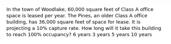 In the town of Woodlake, 60,000 square feet of Class A office space is leased per year. The Pines, an older Class A office building, has 36,000 square feet of space for lease. It is projecting a 10% capture rate. How long will it take this building to reach 100% occupancy? 6 years 3 years 5 years 10 years