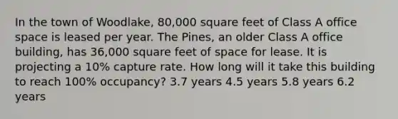 In the town of Woodlake, 80,000 square feet of Class A office space is leased per year. The Pines, an older Class A office building, has 36,000 square feet of space for lease. It is projecting a 10% capture rate. How long will it take this building to reach 100% occupancy? 3.7 years 4.5 years 5.8 years 6.2 years