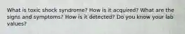 What is toxic shock syndrome? How is it acquired? What are the signs and symptoms? How is it detected? Do you know your lab values?