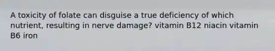 A toxicity of folate can disguise a true deficiency of which nutrient, resulting in nerve damage? vitamin B12 niacin vitamin B6 iron