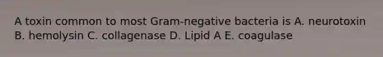 A toxin common to most Gram-negative bacteria is A. neurotoxin B. hemolysin C. collagenase D. Lipid A E. coagulase