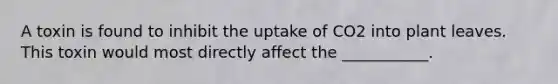A toxin is found to inhibit the uptake of CO2 into plant leaves. This toxin would most directly affect the ___________.