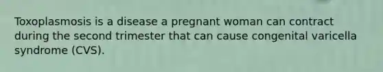 Toxoplasmosis is a disease a pregnant woman can contract during the second trimester that can cause congenital varicella syndrome (CVS).