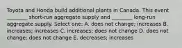 Toyota and Honda build additional plants in Canada. This event ________ short-run aggregate supply and ________ long-run aggregate supply. Select one: A. does not change; increases B. increases; increases C. increases; does not change D. does not change; does not change E. decreases; increases