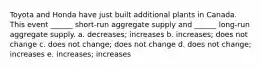 Toyota and Honda have just built additional plants in Canada. This event ______ short-run aggregate supply and ______ long-run aggregate supply. a. decreases; increases b. increases; does not change c. does not change; does not change d. does not change; increases e. increases; increases