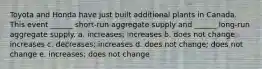 Toyota and Honda have just built additional plants in Canada. This event ______ short-run aggregate supply and ______ long-run aggregate supply. a. increases; increases b. does not change; increases c. decreases; increases d. does not change; does not change e. increases; does not change