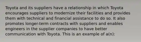 Toyota and its suppliers have a relationship in which Toyota encourages suppliers to modernize their facilities and provides them with technical and financial assistance to do so. It also promotes longer-term contracts with suppliers and enables engineers in the supplier companies to have better communication with Toyota. This is an example of a(n):