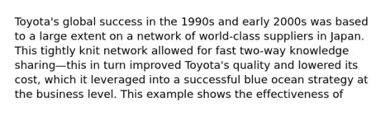 Toyota's global success in the 1990s and early 2000s was based to a large extent on a network of world-class suppliers in Japan. This tightly knit network allowed for fast two-way knowledge sharing—this in turn improved Toyota's quality and lowered its cost, which it leveraged into a successful blue ocean strategy at the business level. This example shows the effectiveness of