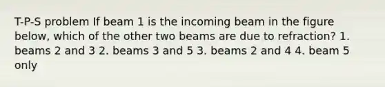 T-P-S problem If beam 1 is the incoming beam in the figure below, which of the other two beams are due to refraction? 1. beams 2 and 3 2. beams 3 and 5 3. beams 2 and 4 4. beam 5 only