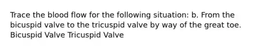 Trace the blood flow for the following situation: b. From the bicuspid valve to the tricuspid valve by way of the great toe. Bicuspid Valve Tricuspid Valve