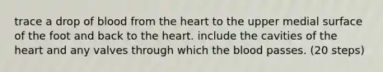 trace a drop of blood from the heart to the upper medial surface of the foot and back to the heart. include the cavities of the heart and any valves through which the blood passes. (20 steps)