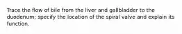 Trace the flow of bile from the liver and gallbladder to the duodenum; specify the location of the spiral valve and explain its function.