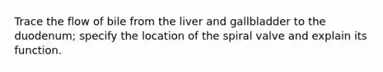 Trace the flow of bile from the liver and gallbladder to the duodenum; specify the location of the spiral valve and explain its function.