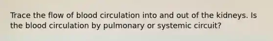 Trace the flow of blood circulation into and out of the kidneys. Is the blood circulation by pulmonary or systemic circuit?