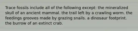 Trace fossils include all of the following except: the mineralized skull of an ancient mammal. the trail left by a crawling worm. the feedings grooves made by grazing snails. a dinosaur footprint. the burrow of an extinct crab.