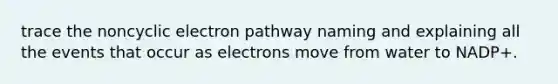 trace the noncyclic electron pathway naming and explaining all the events that occur as electrons move from water to NADP+.