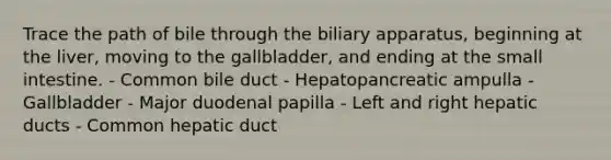 Trace the path of bile through the biliary apparatus, beginning at the liver, moving to the gallbladder, and ending at the small intestine. - Common bile duct - Hepatopancreatic ampulla - Gallbladder - Major duodenal papilla - Left and right hepatic ducts - Common hepatic duct