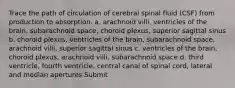 Trace the path of circulation of cerebral spinal fluid (CSF) from production to absorption. a. arachnoid villi, ventricles of the brain, subarachnoid space, choroid plexus, superior sagittal sinus b. choroid plexus, ventricles of the brain, subarachnoid space, arachnoid villi, superior sagittal sinus c. ventricles of the brain, choroid plexus, arachnoid villi, subarachnoid space d. third ventricle, fourth ventricle, central canal of spinal cord, lateral and median apertures Submit