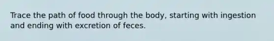 Trace the path of food through the body, starting with ingestion and ending with excretion of feces.