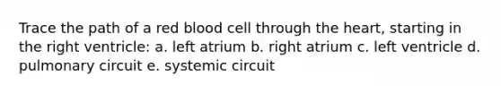 Trace the path of a red blood cell through the heart, starting in the right ventricle: a. left atrium b. right atrium c. left ventricle d. pulmonary circuit e. systemic circuit