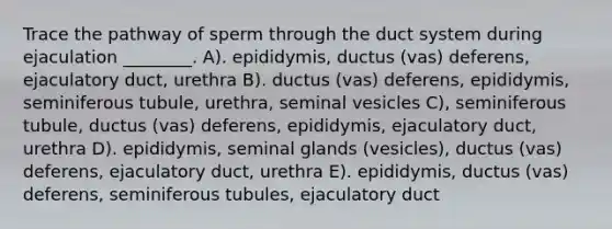 Trace the pathway of sperm through the duct system during ejaculation ________. A). epididymis, ductus (vas) deferens, ejaculatory duct, urethra B). ductus (vas) deferens, epididymis, seminiferous tubule, urethra, seminal vesicles C), seminiferous tubule, ductus (vas) deferens, epididymis, ejaculatory duct, urethra D). epididymis, seminal glands (vesicles), ductus (vas) deferens, ejaculatory duct, urethra E). epididymis, ductus (vas) deferens, seminiferous tubules, ejaculatory duct