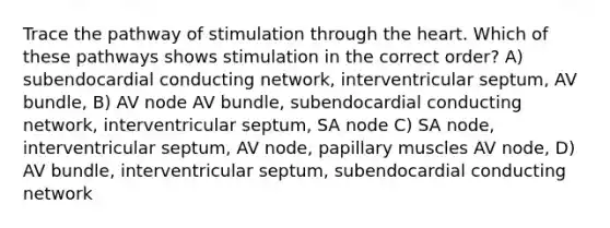 Trace the pathway of stimulation through the heart. Which of these pathways shows stimulation in the correct order? A) subendocardial conducting network, interventricular septum, AV bundle, B) AV node AV bundle, subendocardial conducting network, interventricular septum, SA node C) SA node, interventricular septum, AV node, papillary muscles AV node, D) AV bundle, interventricular septum, subendocardial conducting network