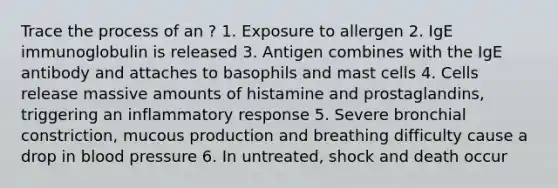 Trace the process of an ? 1. Exposure to allergen 2. IgE immunoglobulin is released 3. Antigen combines with the IgE antibody and attaches to basophils and mast cells 4. Cells release massive amounts of histamine and prostaglandins, triggering an inflammatory response 5. Severe bronchial constriction, mucous production and breathing difficulty cause a drop in blood pressure 6. In untreated, shock and death occur