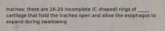 trachea: there are 16-20 incomplete (C shaped) rings of _____ cartilage that hold the trachea open and allow <a href='https://www.questionai.com/knowledge/kSjVhaa9qF-the-esophagus' class='anchor-knowledge'>the esophagus</a> to expand during swallowing