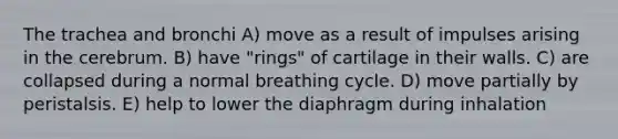 The trachea and bronchi A) move as a result of impulses arising in the cerebrum. B) have "rings" of cartilage in their walls. C) are collapsed during a normal breathing cycle. D) move partially by peristalsis. E) help to lower the diaphragm during inhalation